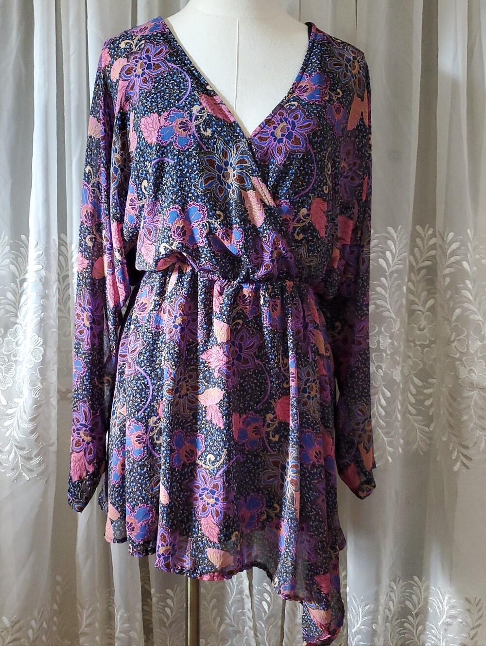 Free People Teegan Mini Dress Medium M Purple Floral Boho Fit Flare Wrap Dress - Picture 2 of 9